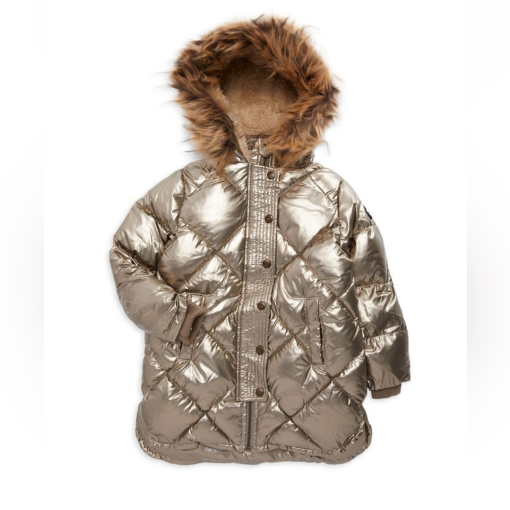 Appaman Girls Metallic Gold Long Hooded Puffer Jacket, Faux Fur Trim